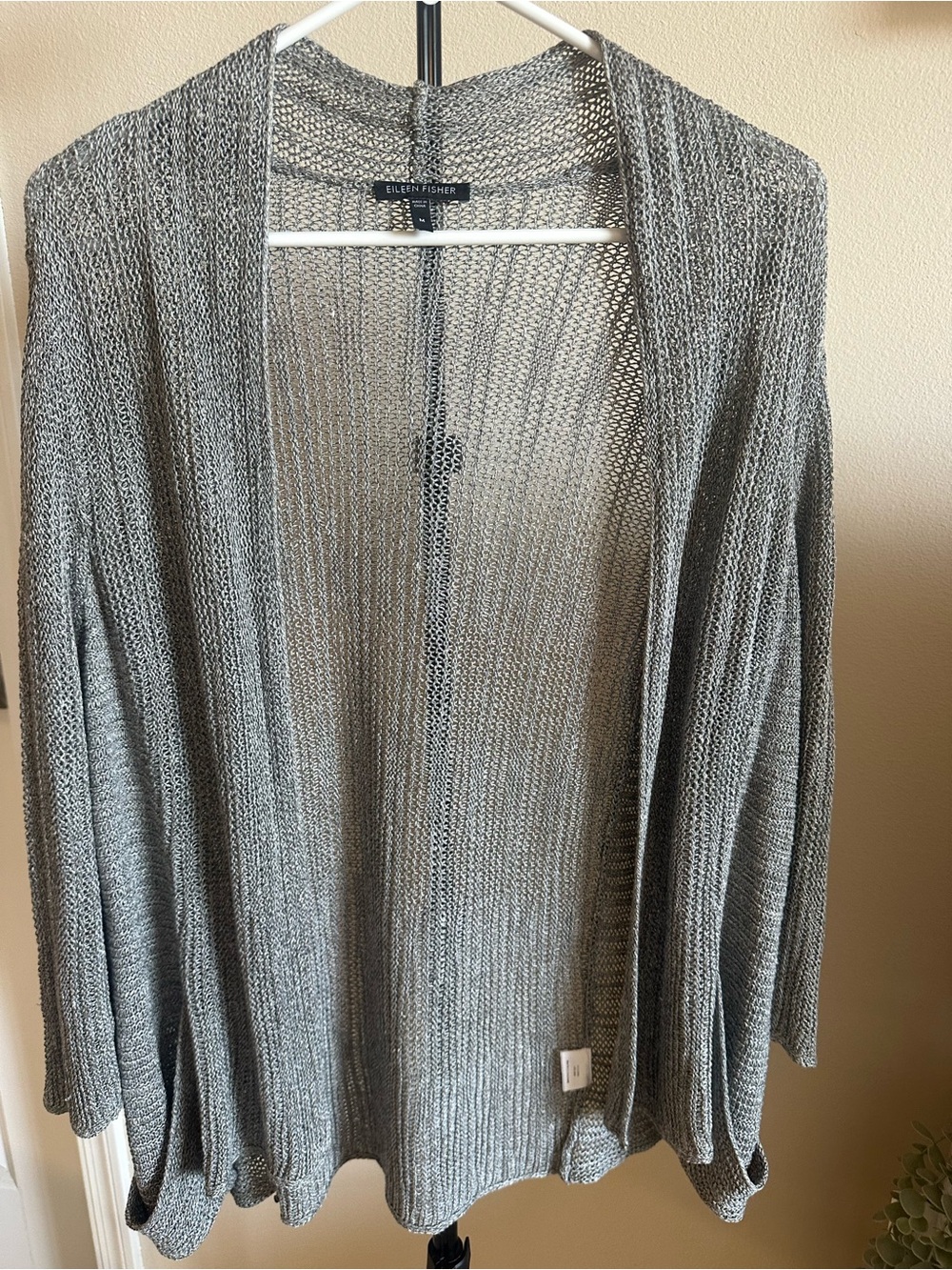 Eileen Fisher Linen/Silk Blend Open-Weave Gray Lightweight Cardigan